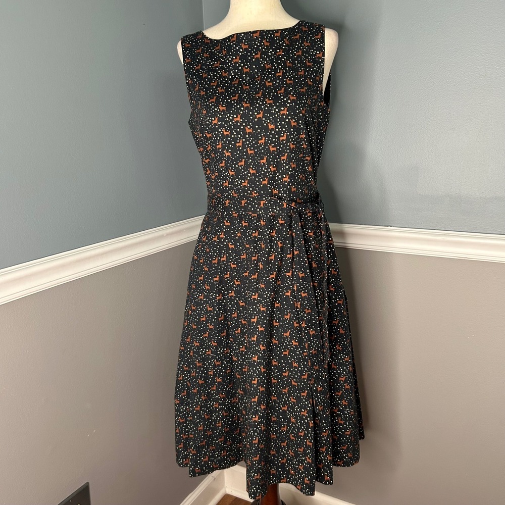 LL Bean Signature Deer Print Fit & Flare Dress Black Sleeveless Size 6 502993
